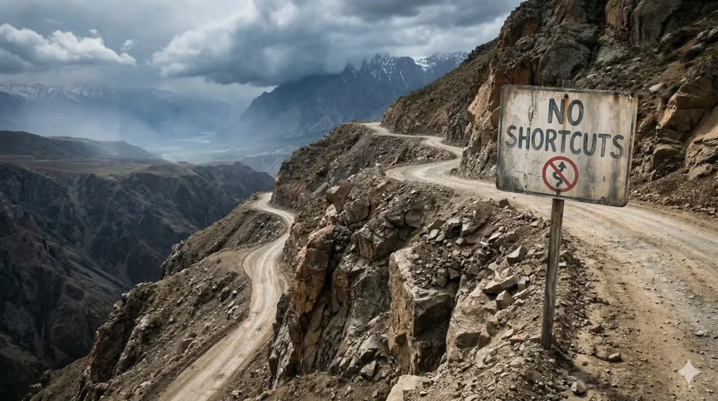 Dangerous looking road ahead with a no shortcuts sign