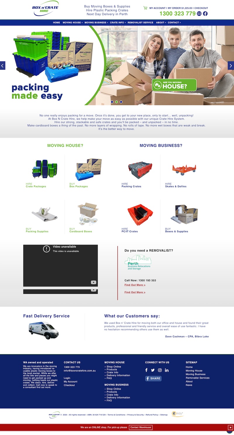 Box n’ Crate Hire homepage, before the DeCODE rebuild