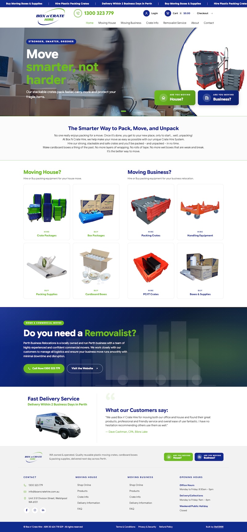 Box n’ Crate Hire homepage, after the DeCODE rebuild