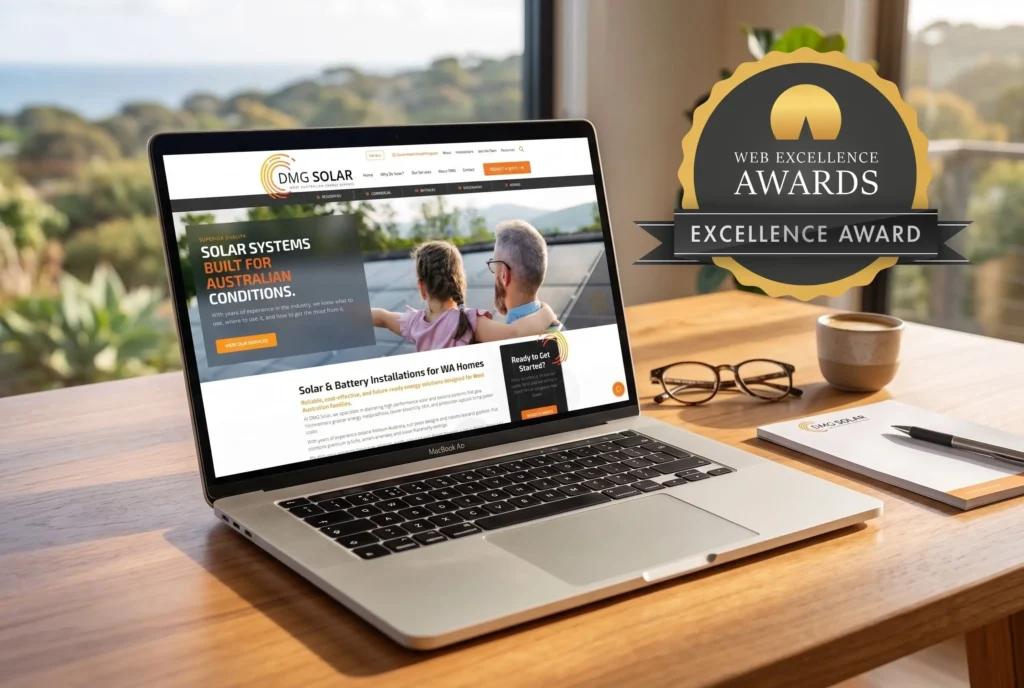 DMG Solar Website on a macbook with Excellence Award Badge
