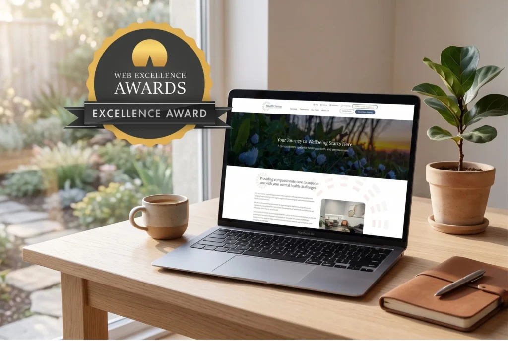 Health Sense Website on a macbook with Excellence Award Badge
