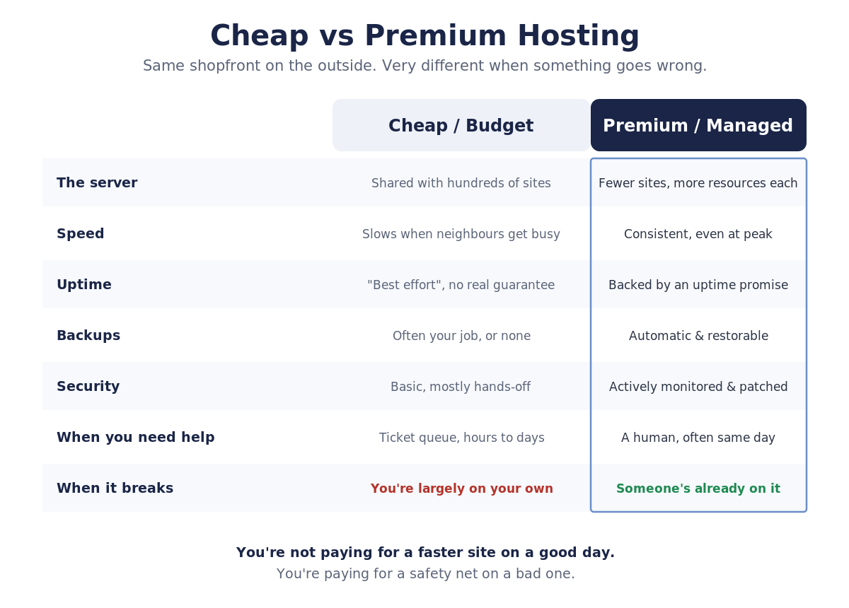 A comparison table of cheap versus premium hosting across the server, speed, uptime, backups, security, support and what happens when it breaks.