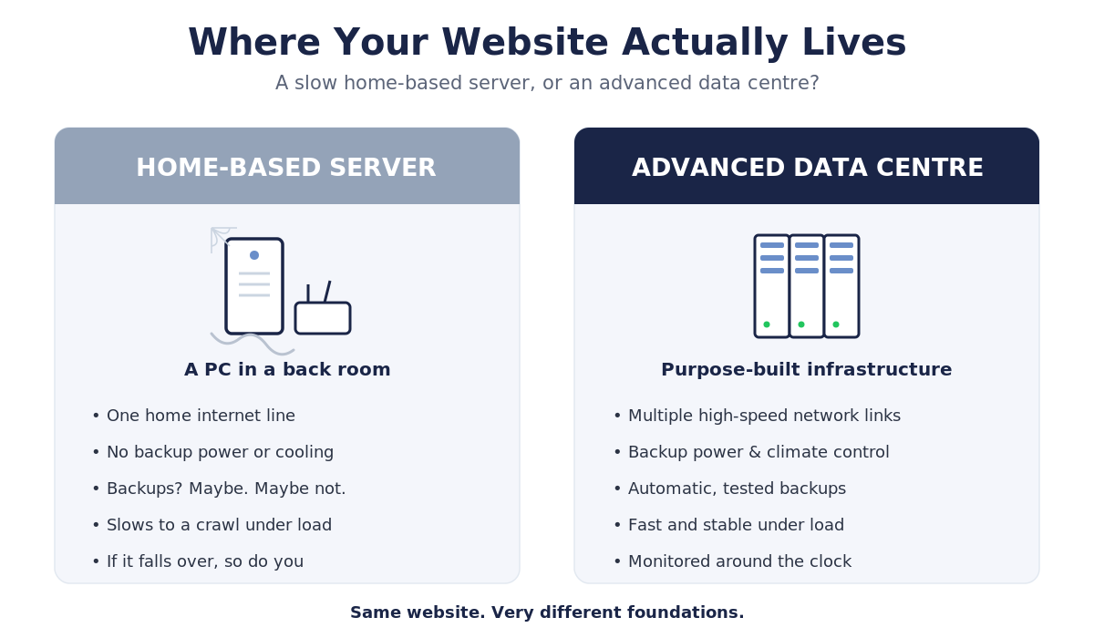 A comparison of a slow home-based server versus an advanced data centre, showing the very different foundations a website can sit on.
