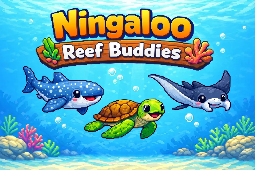 Ningaloo Reef Buddies title screen showing a pixel-art whale shark, sea turtle and manta ray under the game logo