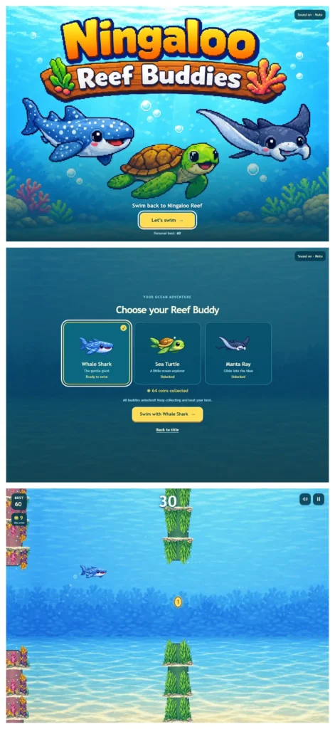 Three desktop screenshots of Ningaloo Reef Buddies: the title screen, the buddy selection screen with all three characters unlocked, and the whale shark mid-swim