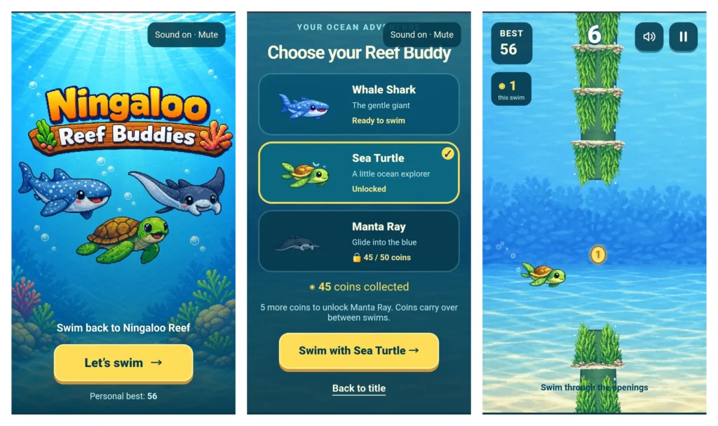 Three phone screenshots of Ningaloo Reef Buddies: the title screen, the Choose your Reef Buddy screen and a sea turtle swimming through a reef opening