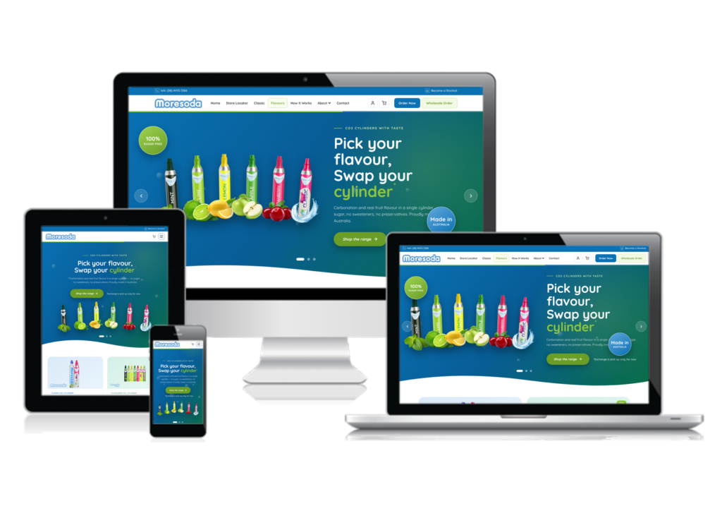 MoreSoda website shown on desktop, laptop, tablet and mobile
