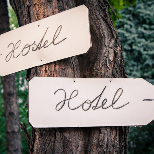 Wooden,Direction,Signs,For,Hotel,And,Hostel,Nailed,To,Tree,