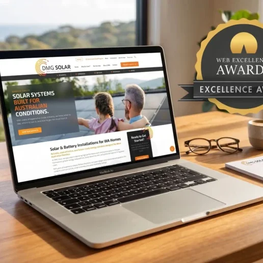 DMG Solar Website on a macbook with Excellence Award Badge