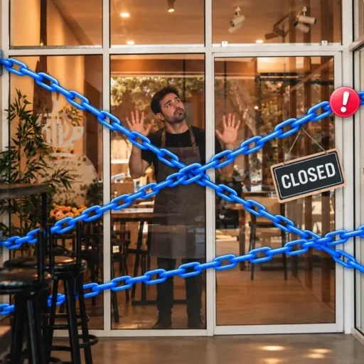 Cafe owner standing behind a glass door chained shut with blue chain links and a Closed sign, illustrating Meta's two-link limit cutting businesses off from their customers