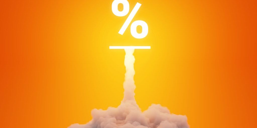 Percentage symbol rocket launch and explosion, business and technology concepts, original 3d rendering