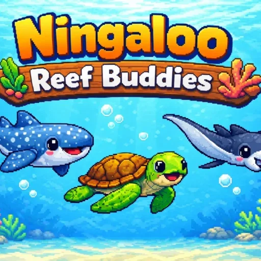 Ningaloo Reef Buddies title screen showing a pixel-art whale shark, sea turtle and manta ray under the game logo